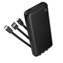 10000 mAh powerbank beépített kábelekkel USB-C Lightning USB, kijelző, fekete