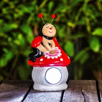 LED szolár kerti lámpa meleg fehér fény, piros katica dekor, IP44, napelemes