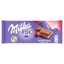 Milka alpesi tejcsokoládé meggy ízű tejes krémtöltelékkel és meggyes