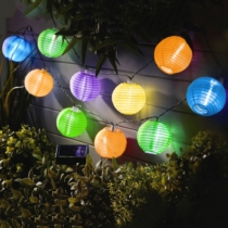 Szolár lampion fényfüzér - 10 db színes lampion, hidegfehér LED - 3,7 m