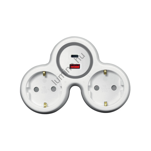 2 Áramkörös Adapter USB Töltővel – 230V~, USB A+C (Max 20W), Fehér-Szürke