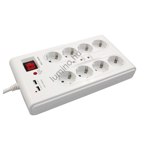 8 utas elosztó kapcsolóval 2 x USB +túlfesz+ túláram védelem 3 méter