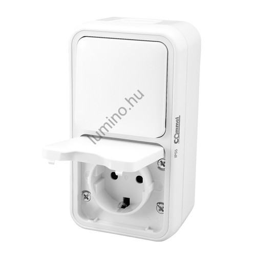 Bura fehér felületi Schuko dugalj + kapcsoló, 16A, 250V, IP55, csavarmentes szer