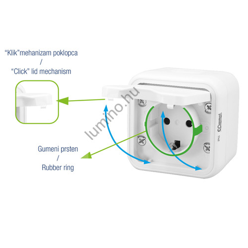 Bura fehér felületi Schuko dugalj + kapcsoló, 16A, 250V, IP55, csavarmentes szer
