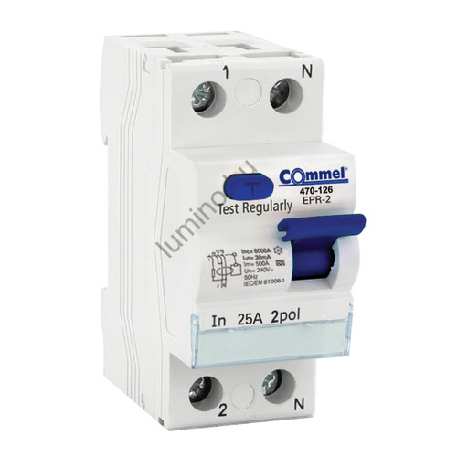 Commel 25A 2P RCCB Fi-relé, 30mA, A típus, 6kA, IP20, DIN sínre szerelhető