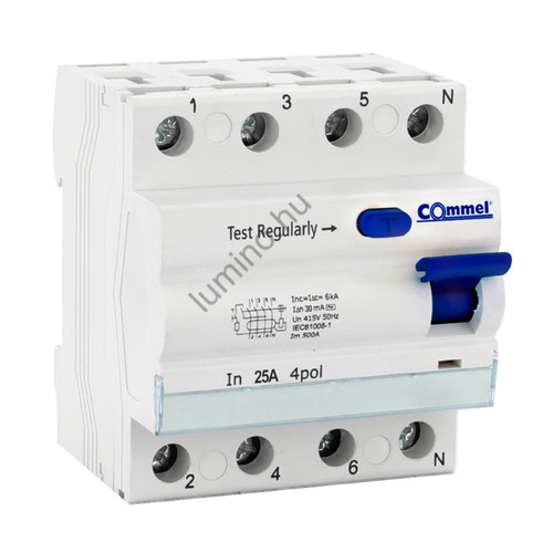 Commel 25A 4P RCCB Fi-relé, 30mA, AC típus, 6kA, IP20, DIN sínre szerelhető