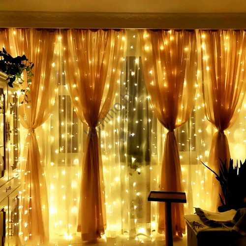 LED fényfüggöny, 3×3 m, 300 LED, meleg fehér, IP44, 8 fényprogram
