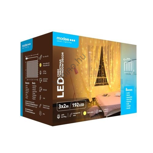 Modee Karácsonyi LED Dekoráció Fényfüggöny Adapteres C3002 (192LED/3m x 2m) warm
