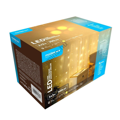 LED fényfüggöny, 3×3 m, 300 LED, meleg fehér, IP44, 8 fényprogram