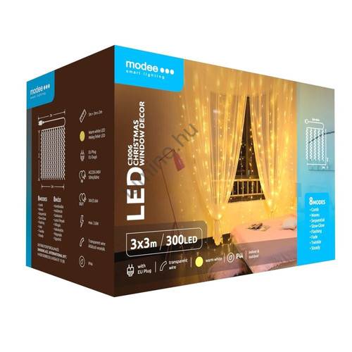 LED fényfüggöny, 3×3 m, 300 LED, meleg fehér, IP44, 8 fényprogram