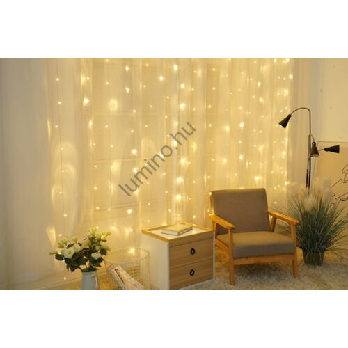 LED fényfüggöny, 3×3 m, 300 LED, meleg fehér, IP44, 8 fényprogram