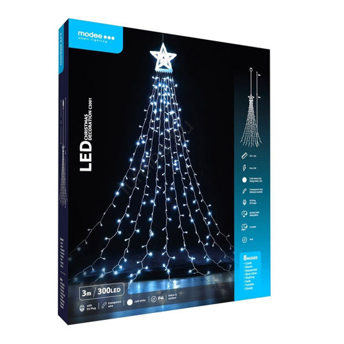 LED Csillagos karácsonyi fényfüzér, 6 m, 300 LED, hideg fehér fény, IP44, 8 mód