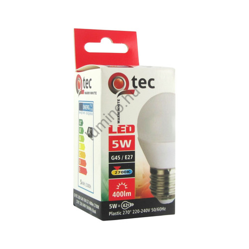 QTEC LED izzó 5W E27 G45 kisgömb fényforrás 2700K