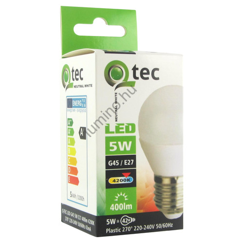 QTEC LED izzó 5W E27 G45 kisgömb fényforrás 4200K