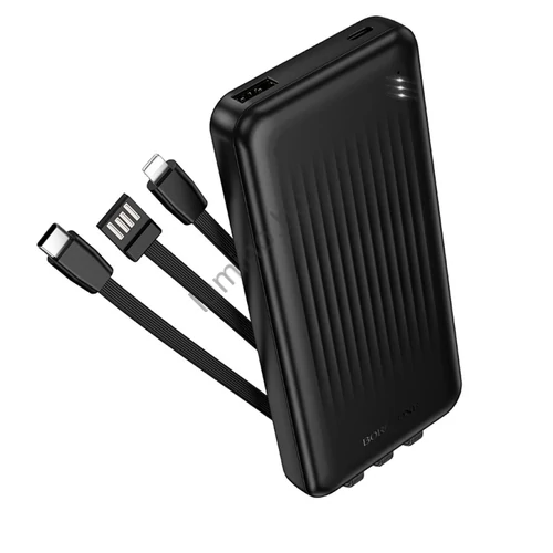 10000 mAh powerbank beépített kábelekkel USB-C Lightning USB, kijelző, fekete