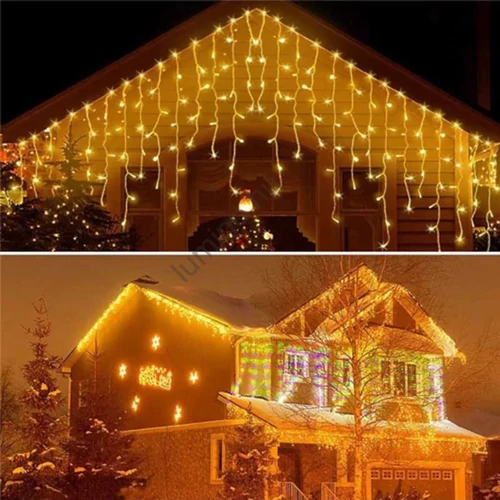 500 LED-es 25 méteres 8 funkciós, Meleg Fehér Karácsonyi jégcsap Fényfüzér IP44