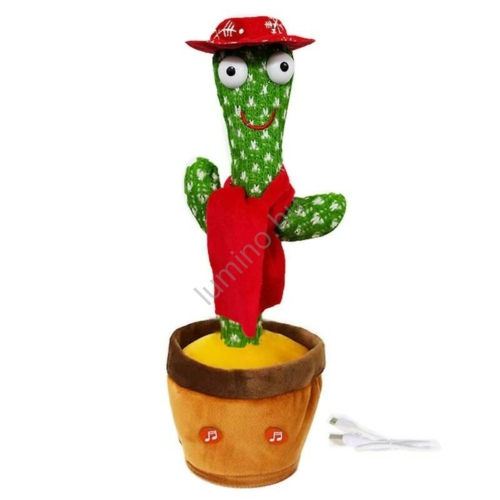 Interaktív visszabeszélő táncoló, zenélő, világító kaktusz, piros kalappal