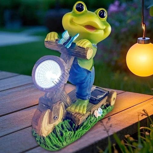 Napelemes béka kerti dekoráció LED lámpással - kerti szobor teraszra, kertbe
