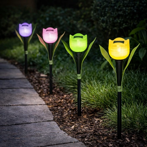 Napelemes kerti lámpa tulipán forma 31 cm, leszúrható, hideg fehér, IP44, LED
