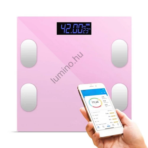 Okos Személymérleg LCD Kijelzővel, rózsaszín, applikációs elemzés, Edzett Üveg