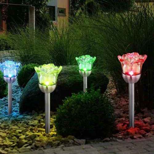 Rózsa formájú napelemes kerti LED lámpa - színváltós, IP44, 36,5 cm