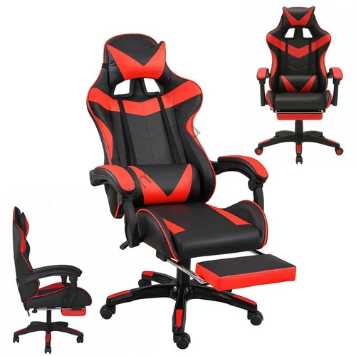 Zelux gamer szék öko-bőr borítással, lábtartóval, karfáfal fekete-piros